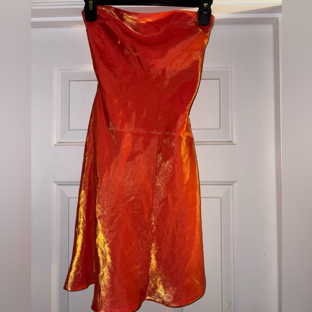 White Fox Boutique Metallic Orange Strapless Mini Dress